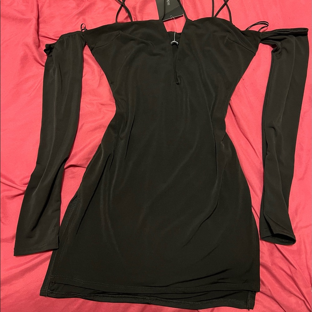 cute mini black body in dress with strappy detail and off the shoulder sleeves